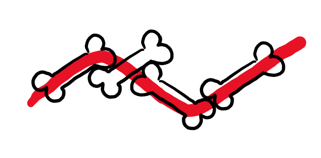 Bones connected to each other with a red line moving jaggedly upward to the right