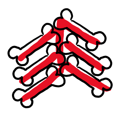 Bones connected to each other with a red line, arranged in a pyramid like configuration pointing upwards